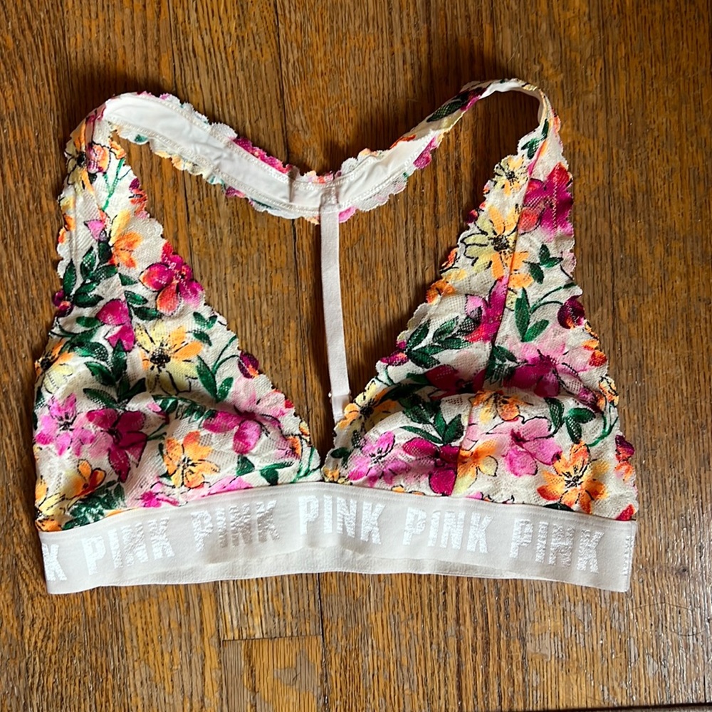 Pink lace bralette, floral, size large